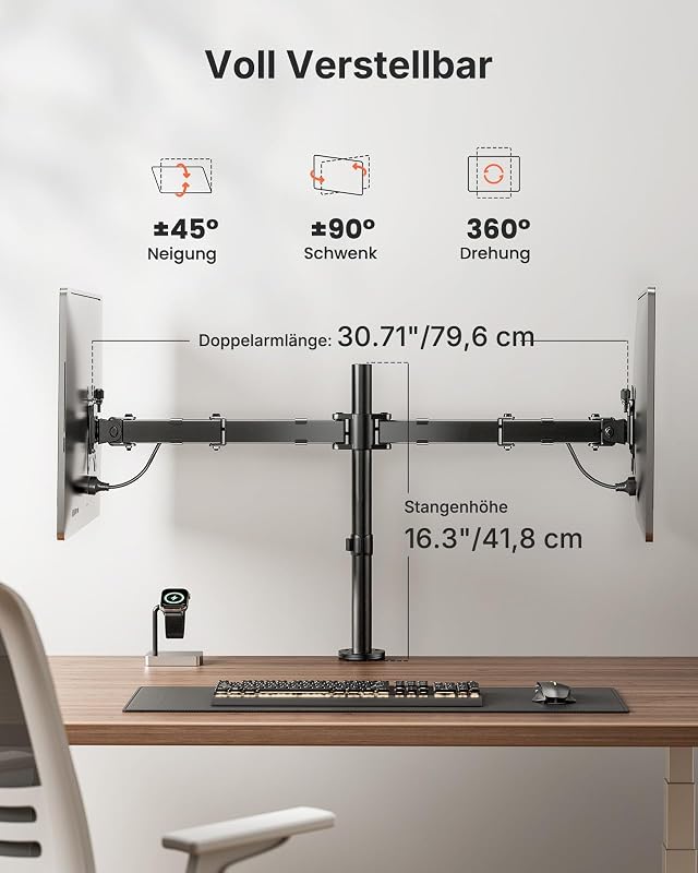Monitor Halterung 2 Monitore für 13-32 Zoll Bildschirm, Bildschirmhalterung 2 Monitore Höhenverstellbar Neigbar Schwenkbar Drehungbar, VESA 75/100