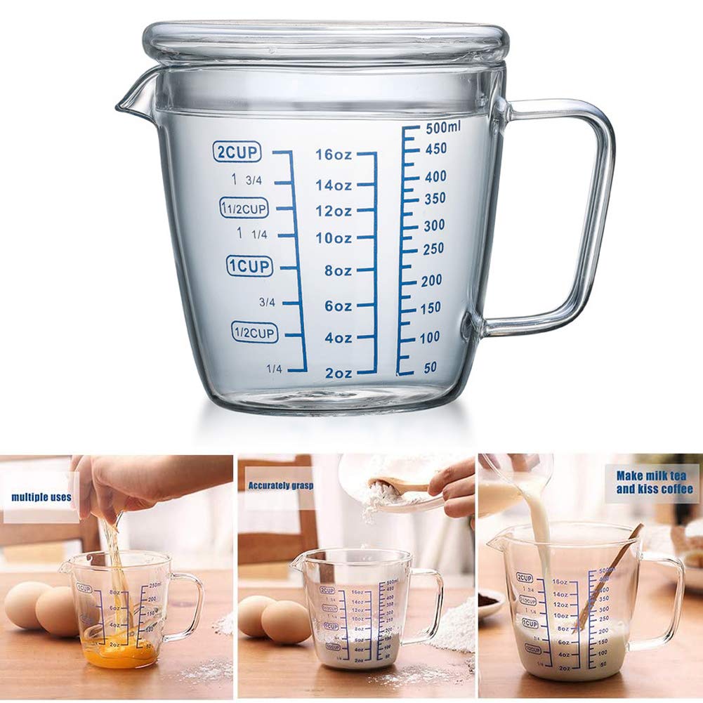 Glass Measuring Cup,500ml Heat Resistant High Borosilicate Transparent Measuring Jug with Lid and Scale Ounce Measure Mug for Microwave,Tea,Cafe,Whiskey,Milk (500ml)