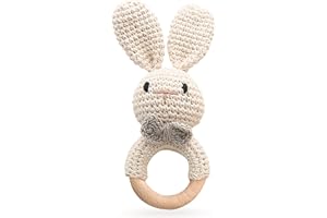 TUOWITA Wooden Baby Rattle, Handcrafted Crochet Bunny Rattles with Wooden Teething Ring, Beige Rabbit Newborn Toy Stuffed Animal Organic Rattle Baby Announcement Ideas Props