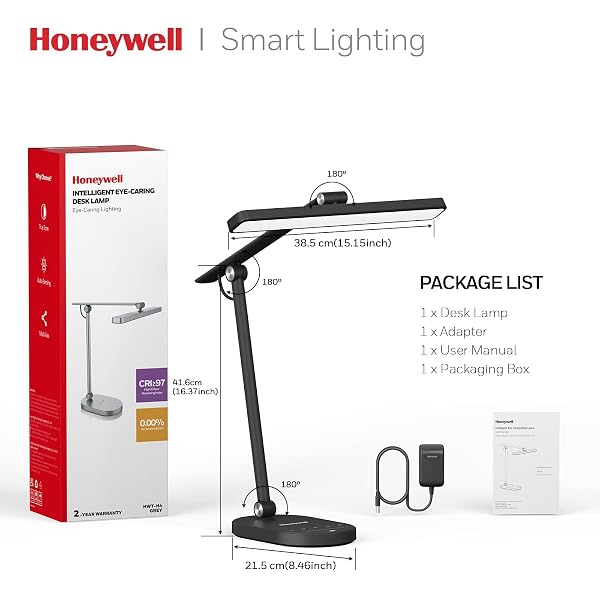 HONEYWELL DESK LAMP FOR HOME OFFICE, H4 SUNTURALUX™ EYE-CARING LED DESK LIGHT, 700LM DIMMABLE DESK LAMP WITH TIMER, ADJUSTABLE DESK READING LIGHT, TOUCH AUTO DIMMING TABLE LAMP FOR STUDY, BEDROOM