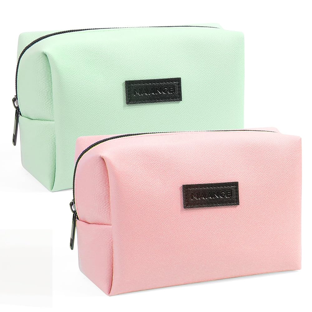 Maange Small Makeup Bag MAANGE 2 Pcs Travel Cosmetic Bag Makeup Pouch PU Leather Portable Versatile Zipper Makeup Bags for Women (Pink+Green)
