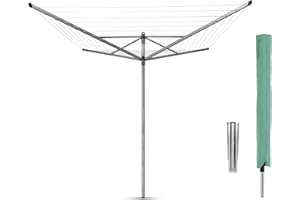 Brabantia Lift-O-Matic Outdoor 4 Arm Clothesline (164 ft/Ø 1.8") Height Adjustable, Folding Clothes Drying Rack + Ground Spike & Cover (Gray)