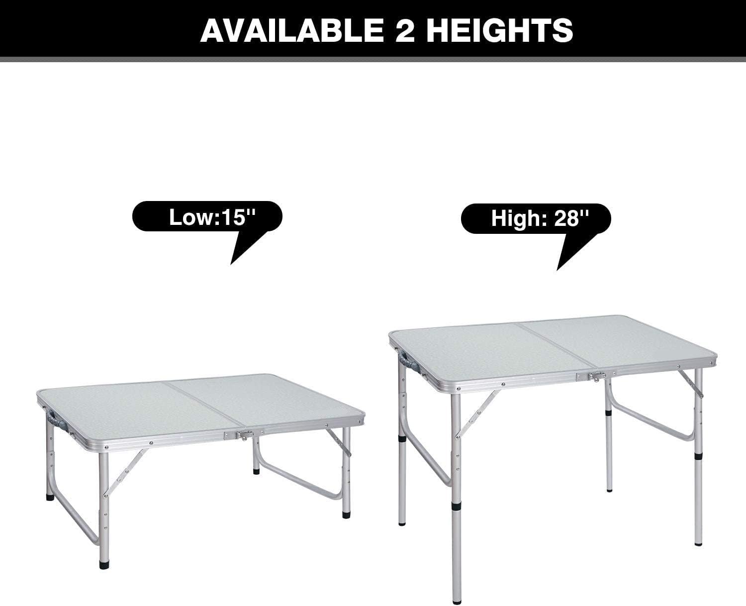 Cimiva Aluminum Folding Table 3 Foot, Adjustable Height Lightweight Portable Camping Table for Picnic Beach Outdoor Indoor, White 36 x 24 inch (3-Feet (2 Heights 15"/28")) : Garden & Outdoor