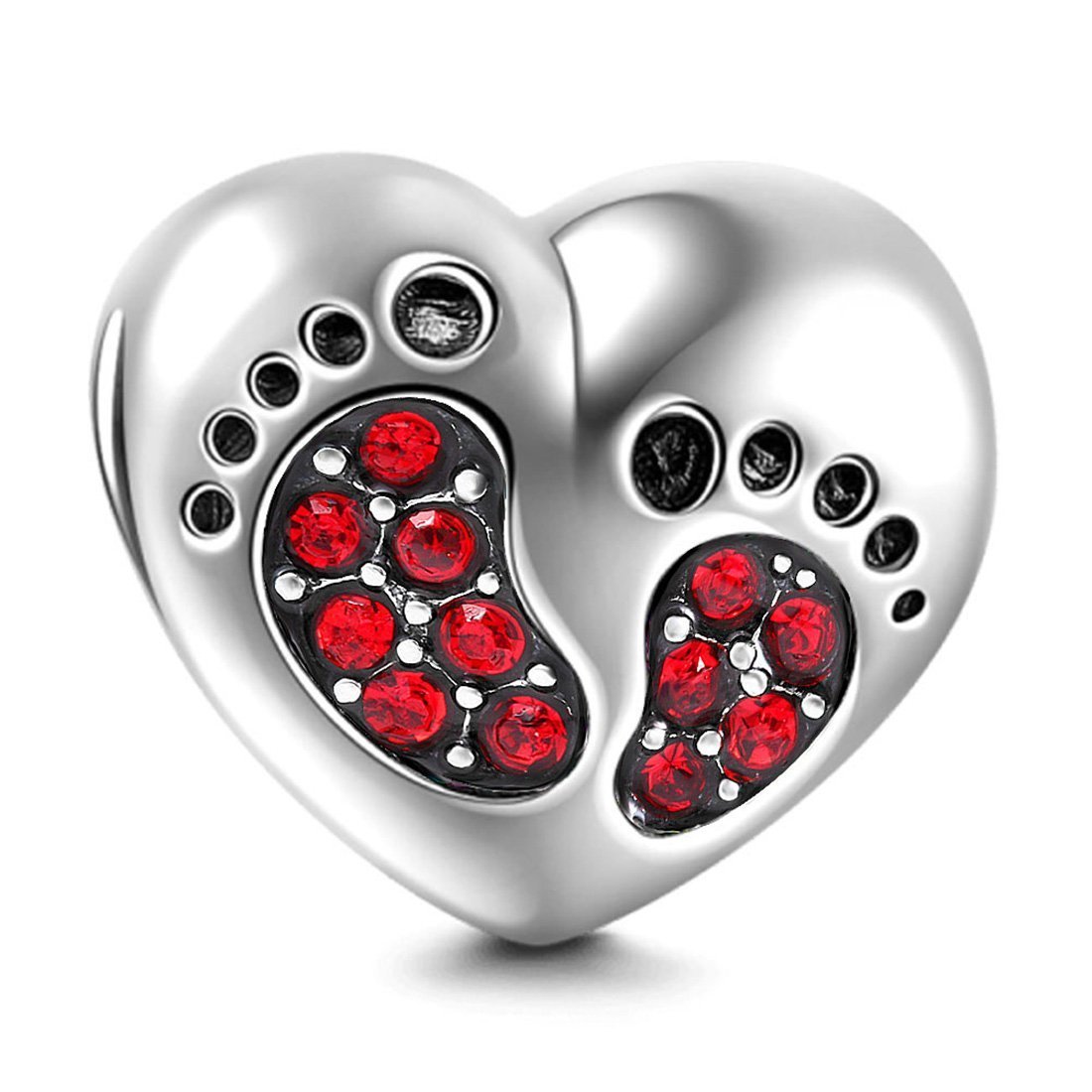Footprint Charm 925 Sterling Silver Heart Baby Foot Charm Birthday Charm Birthstone Charm Heart Charm Anniversary Charm for Pandora Charm Bracelet (Red)