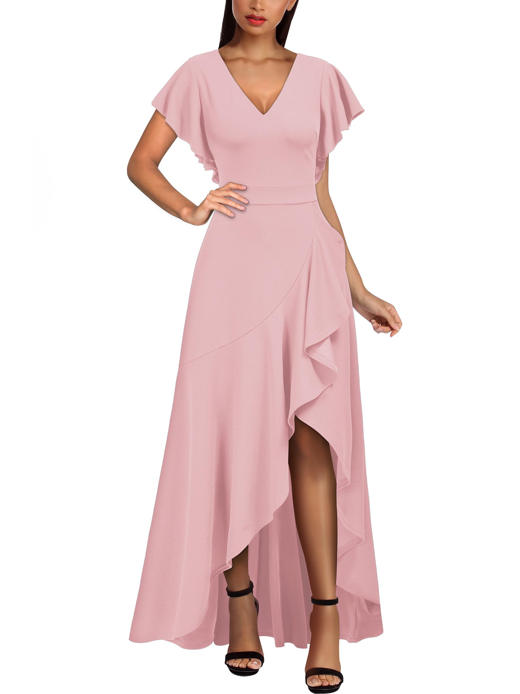 Photo 1 of Miusol Women's Formal V Neck Ruffle Split Evening Party Long Dress (Small, Pink)