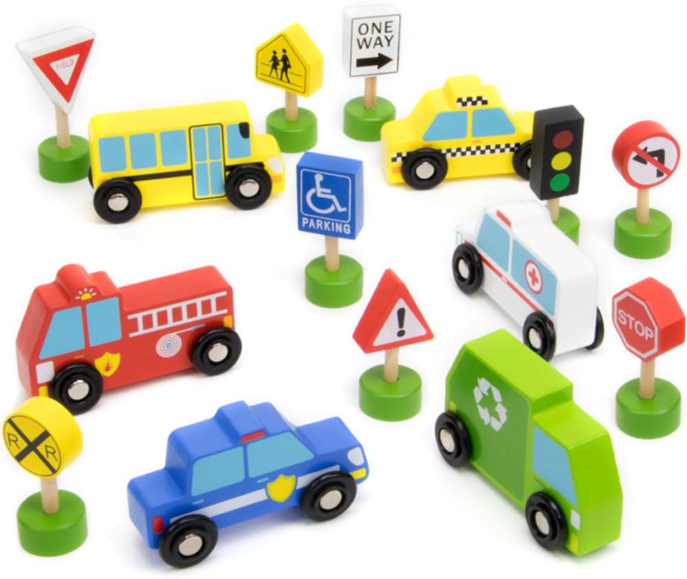 Imagination Generation 15-Piece Busy City Wooden Street Signs & Work Cars Playset with Slotted Wood Storage Box