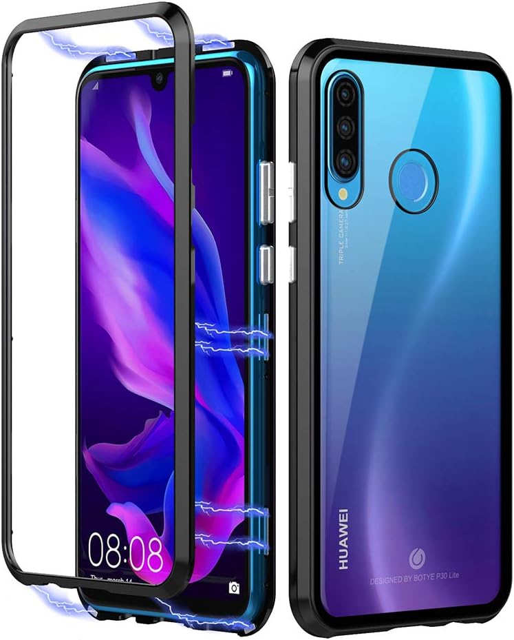 Eastcoo Compatible with Huawei P30 Lite Mobile Phone Cases, Strong Magnetic Adsorption Technology Metal Frame, Transparent Tempered Glass Back Cover for Huawei P30 Lite Phone Cases(P30 Lite,Black)