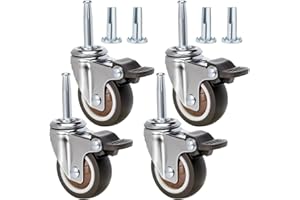 JGJC 2" Non-Marring Rubber Caster Wheels 4-Pack | 5/16" × 1-1/2" (8×38mm) Grip Neck with Sleeve Plugs | Heavy Duty Casters with Brake Set of 4 for Wood Furniture Legs, Tables, Benches | Floor Friendly