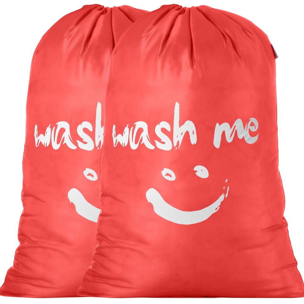 IHOMAGIC 2 Pack Laundry Bag Extra Large 100L, Foldable Storage Bag with Drawstring Cord Lock Closure, Nylon Dirty Clothes Bags for Bedroom Home or Dormitory and travel, Smile Fabric Bag, Orange
