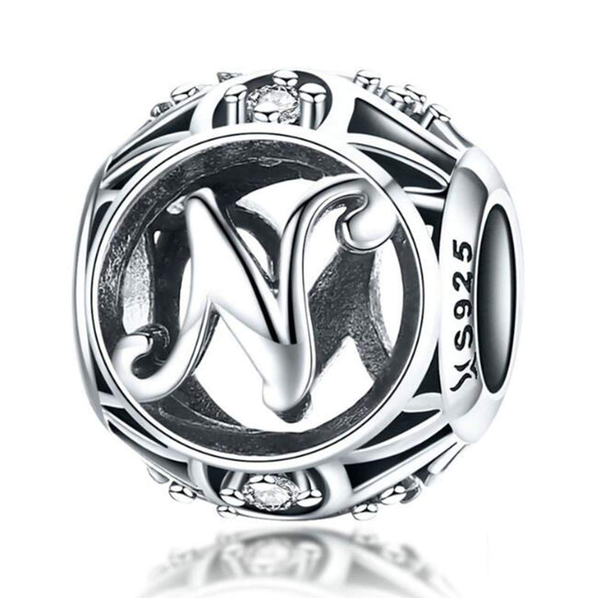 Birthday Charms Genuine 925 Sterling Silver Diy Initial A-Z Charm Alphabet Charms Letter Beads for Pandora Charms Bracelets (Letter N)