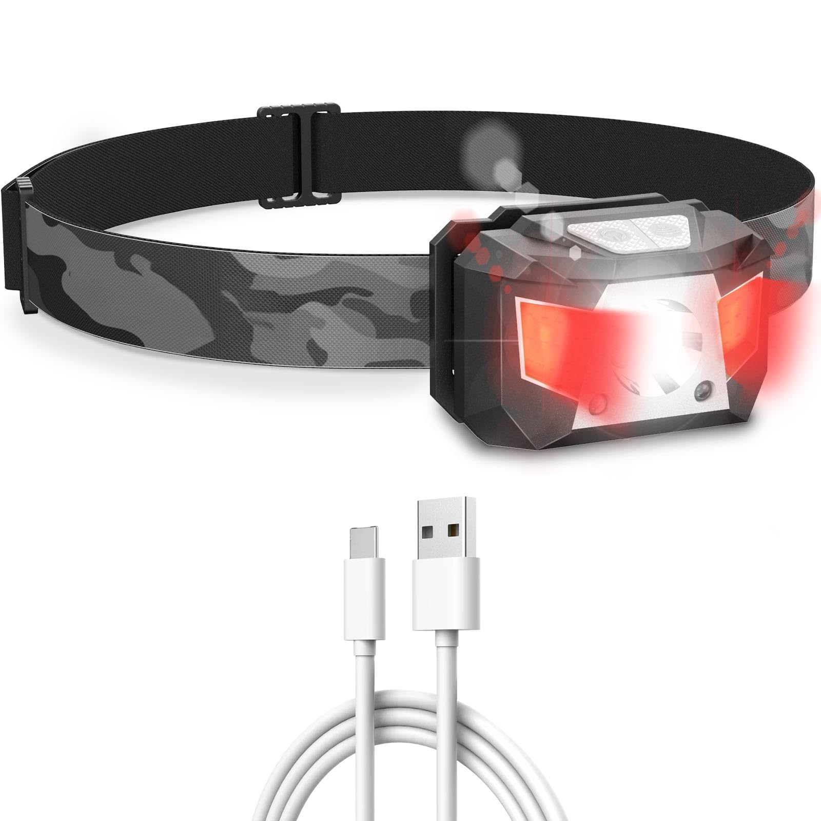 Lorrtta Running Head Torch Rechargeable - Upgraded 6 Modes Motion Sensor Headlamp Super Bright Head Light with 90°Adjustable IPX5 Waterproof Running Fishing Camping Hiking Kids Adults