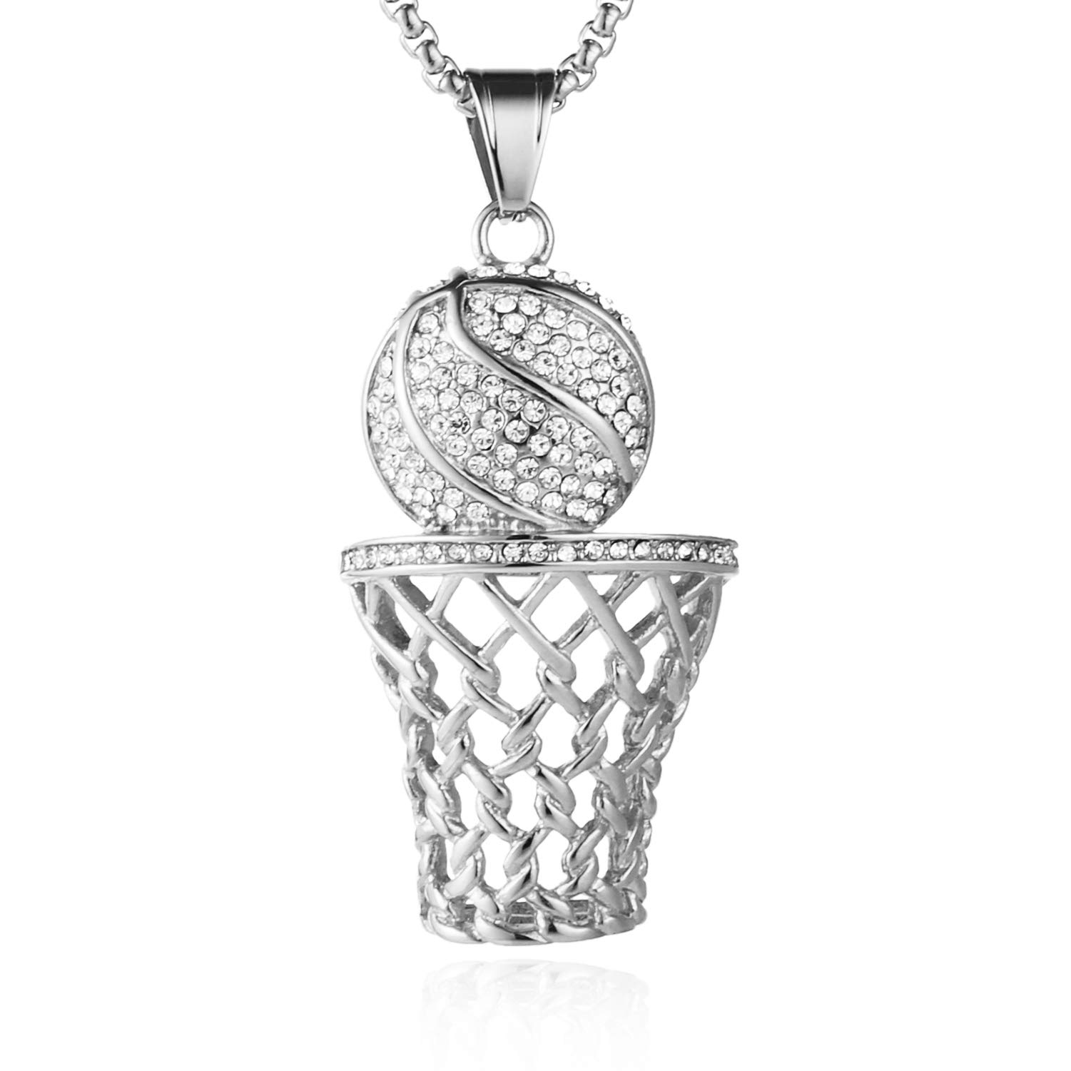 HZMAN 18K Gold Plated Basketball Rim Necklace for Men Sporter Stainless Steel Hip Hop Cubic Zirconia Basketball Hoop Pendant Jewelry Gift (Silver) — image 1