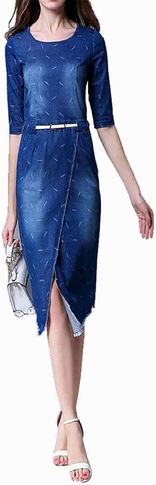 Amazon.com: Henraly New Spring Women Denim Knee-Length Dress Slim Blue Jeans Dresses with Belt 