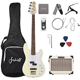 Fojill Full Size Four String Electric Bass Guitar With 10 Watt Amplifier 4 String Right Handed Beginner Kit Set With 600D Gig Bag,Picks,Noiselss Cable,Extra Strings(Cream)
