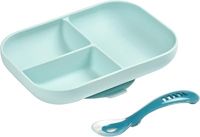 Set Comida, Plato Compartimentado de Silicona con Ventosa + Cuchara de Silicona, Adhiere a la mesa/bandeja de la trona, Compatible con el microondas, Azul
