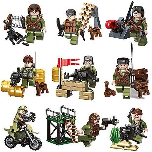 Mini Figures Set â€“ 9 Pcs Army Minifigures with Military Weapons Accessories, Toy Soldiers SWAT Team with Kids Building Bricks, Army Military War Games Mini Dogs Horses Building Block Toys (9 Soldiers)