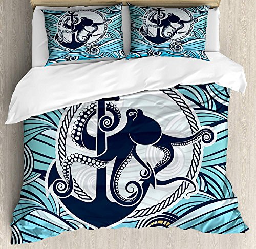 MUSEDAY Octopus Duvet Cover Set, Symbol of Octopus Against The Background of Stylized Sea Waves Nautical Design Bedding Set with 2 Pillow Shams Comfortable 4 Pieces Sets Zipper Closure, Full