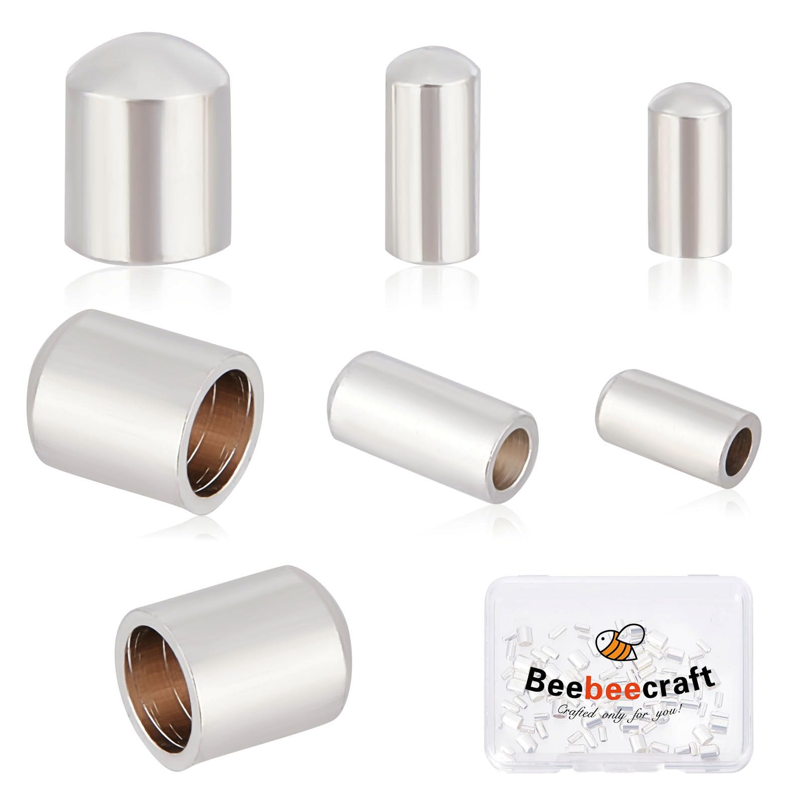 Beebeecraft 90Pcs 3 Size Leather Cord Ends 925 Sterling Silver Plated Column End Caps 1.2/2/3mm Cord Terminators End Caps for DIY Jewelry Making