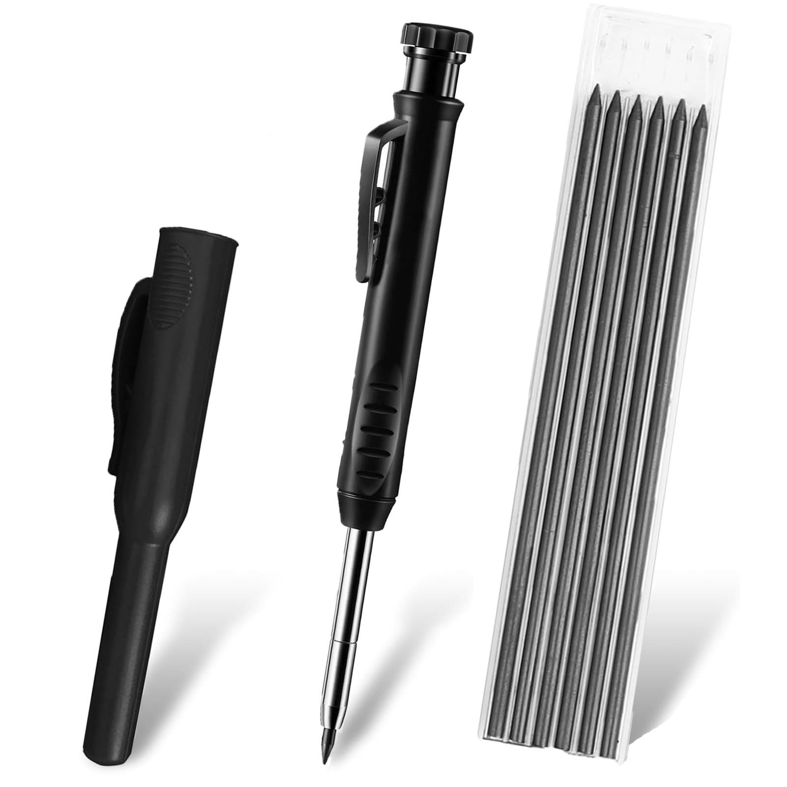 Solid Carpenter Pencil, Mechanical Carpenter Pencils with 6 Refills, Heavy Duty Woodworking Pencils, Long Nosed Deep Hole Mechanical Pencil Marker with Built-in Sharpener for Carpenter, Architect