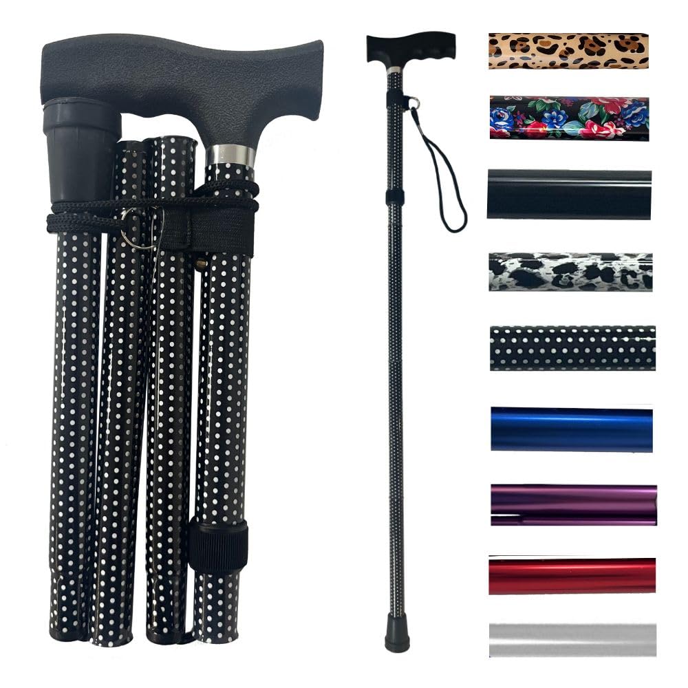 Life Healthcare Folding Walking Stick–Adjustable Height Lightweight Aluminium Cane for Elderly Disabled Men & Women–Non-Slip Rubber Tip Ergonomic Handle & Travel-Friendly Design (Polka Dot)