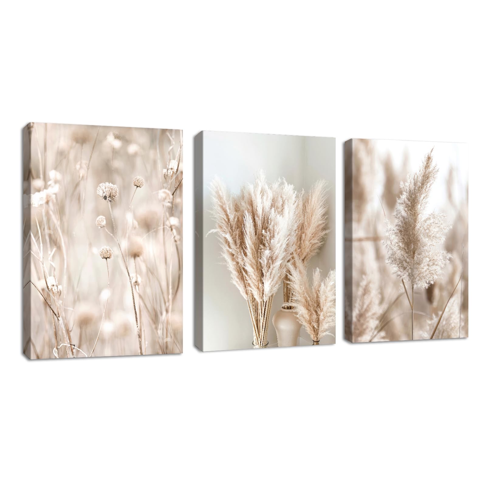 FajerminArt 3 Panels Boho Canvas Wall Art Set Modern Beige Reeds Pampas Plants Pictures Painting on Canvas Prints for Living Room Bedroom Office Wall Decoration Stretched On Frame 30x40cmx3Pcs