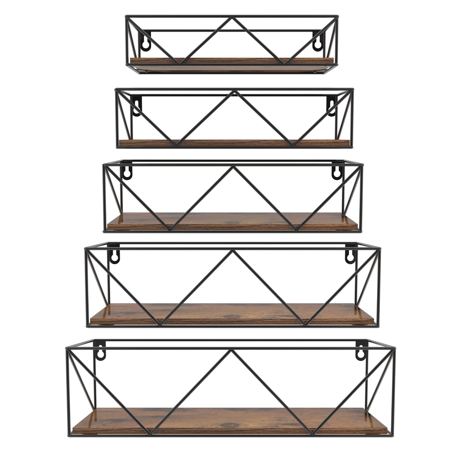 HORLIMER Wooden Shelves for Wall Set of 5, Floating Wall Shelf with Bars, Rustic Wall mounted Shelves for Bedroom Kitchen Bathroom Living Room