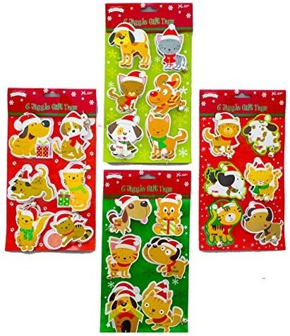 Christmas Gift Tags - Jiggle Sticker Gift Tags With Bells 24 Ct - Assortment of Dogs and Cats Xmas Pet Designs with Little Bells - Just Peel and Stick Adhesive