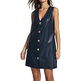 EZAPINE Women Faux Leather Mini Dress Sleeveless V Neck Button Down Pinafore Dress