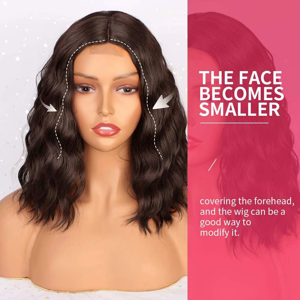 PORSMEER Small Lace Natural Brown Hair Wigs for Women Wavy Synthetic Bob Wig Shoulder Length Middle Parting Wig Natural Looking Wigs for Daily Party Use 14” - Image 4
