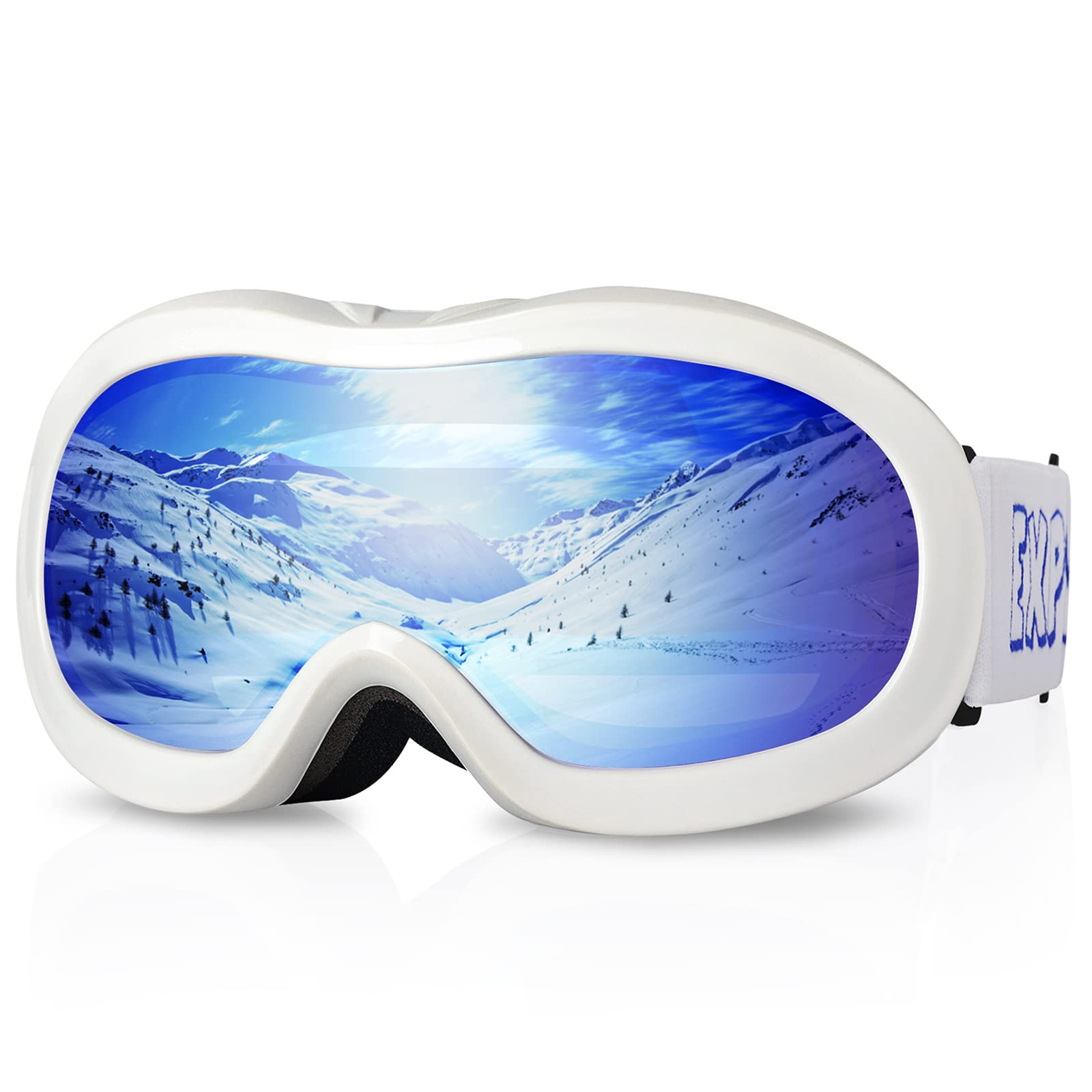 EXP VISION Kids Ski Goggles Anti-Fog Over Glasses Child Snowboard Goggles with UV Protection, Double-Layer Lenses Snow Goggles for Boys Girl Youth (White Frame/Blue Lens)