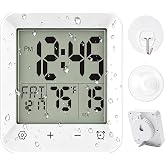 JALUNMNU Waterproof Bathroom Timer - Digital Shower Clock with Countdown, Temperature, LCD Display, Suction Cup Hanging Hole Stand for Bathroom, Kitchen, and More, Battery Operated