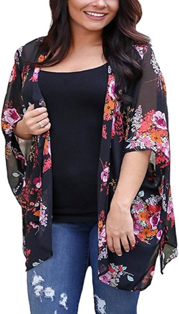 BOSSAND Womens Floral Print Loose Puff Sleeve Kimono Cardigan Lace Patchwork Cover up Blouse (XX-Large, Black)