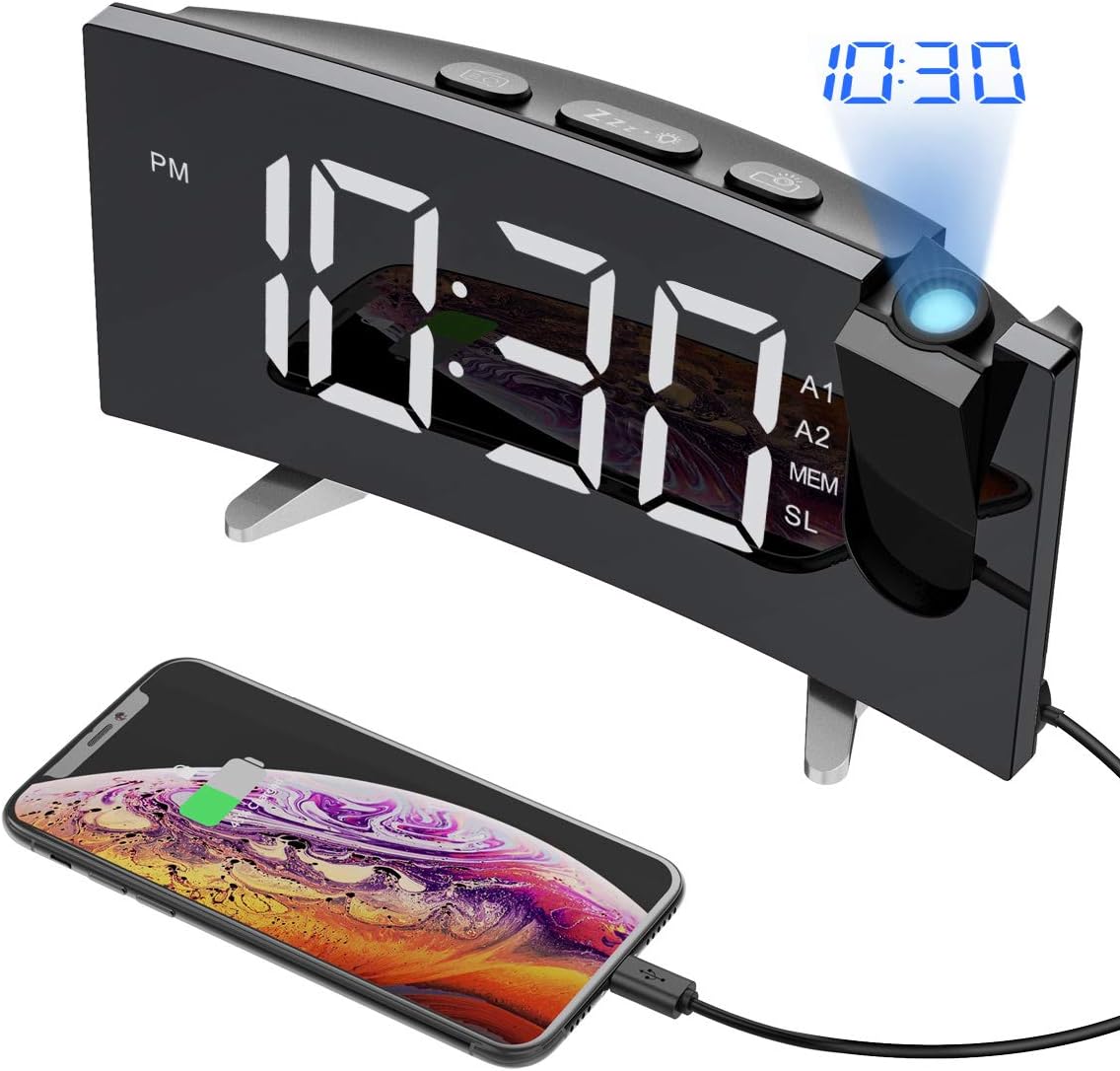 PICTEK Projection Alarm Clock, 5" Large LED Curved-Screen Alarm Clock, Digital FM Radio Ceiling Projector Clock with Dual Alarms, Snooze Function, Sleep Timer, Dimmer, Battery Backup,12/24h