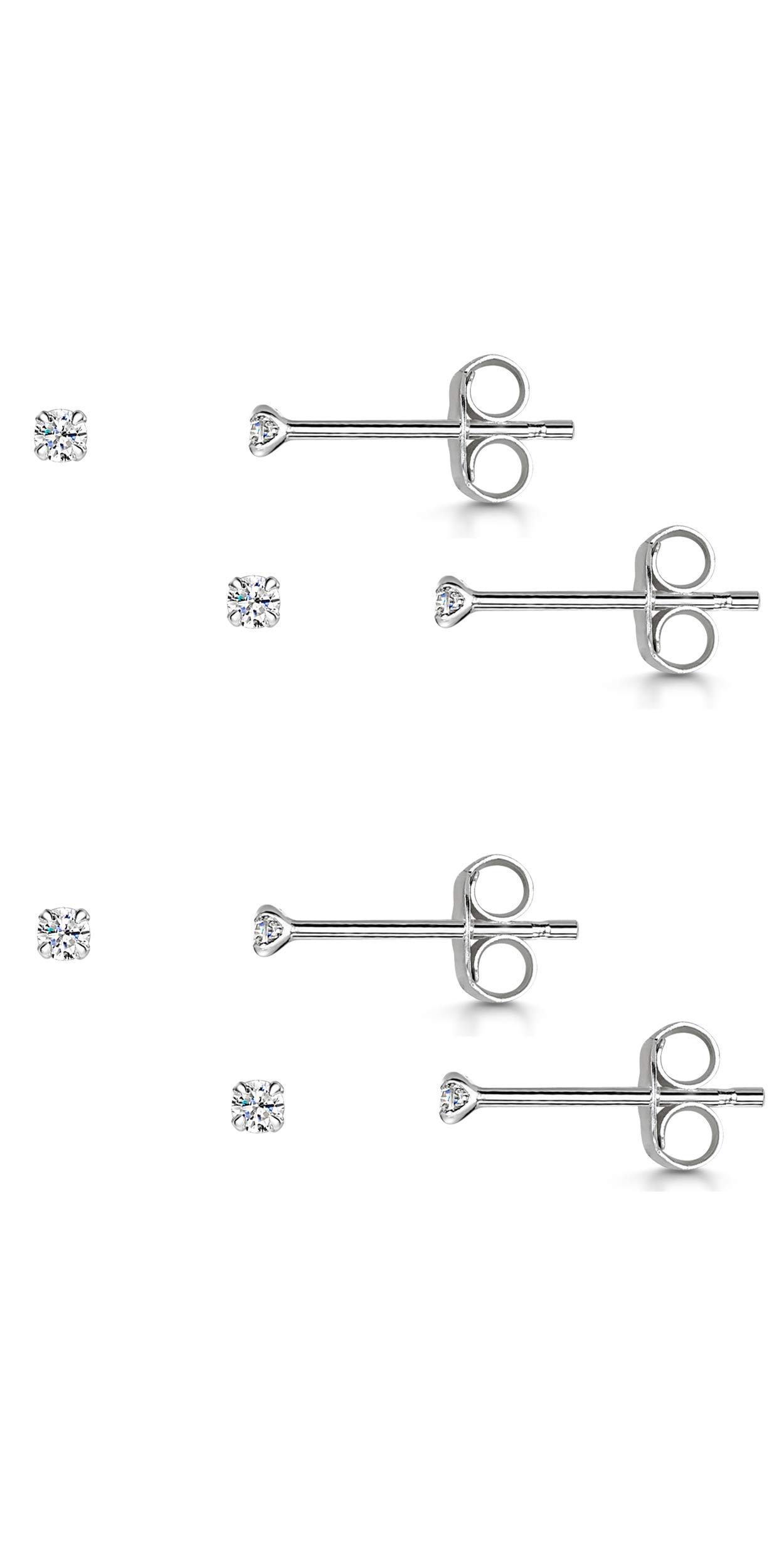 Amberta 925 Sterling Silver - 2 Pairs of Earrings for Women - Ear Piercing Studs with Gemstones 2 mm - CZ Cubic Zirconia Crystals - Set of 4 - Tiny Size