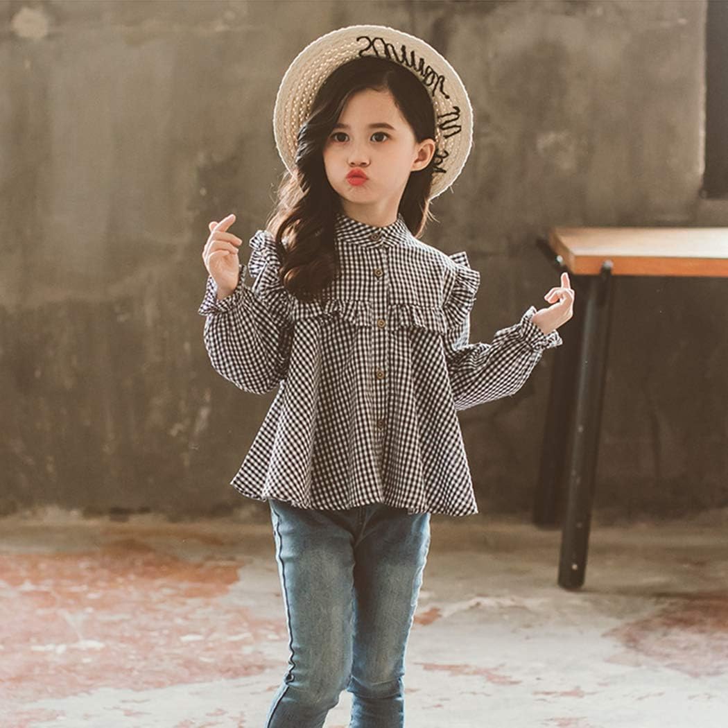 Colorful Childhood Girls Plaid Shirt Casual Long Sleeve Loose Fit Blouse Ruffles Tops: Clothing