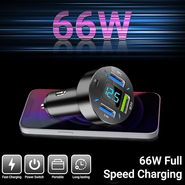 RDRKR 66W 4-PORT CAR CHARGER – PD & QC 3.0 FAST CHARGING CIGARETTE LIGHTER ADAPTER, DUAL TYPE-C + DUAL TYPE-A PORTS COMPATIBLE WITH IPHONE, ANDROID & TABLETS