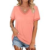 Geifa Womens T Shirts Short Sleeve V Neck Loose Casual Summer Tops 2026 with Pocket