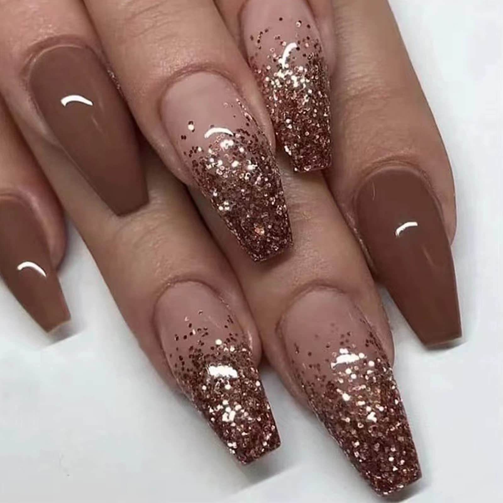Photo 1 of SINHOT Coffin Press on Nails Medium Ballerina Glossy Glue on Nails Brown Gradient Acrylic False Nails Designs 24 pcs