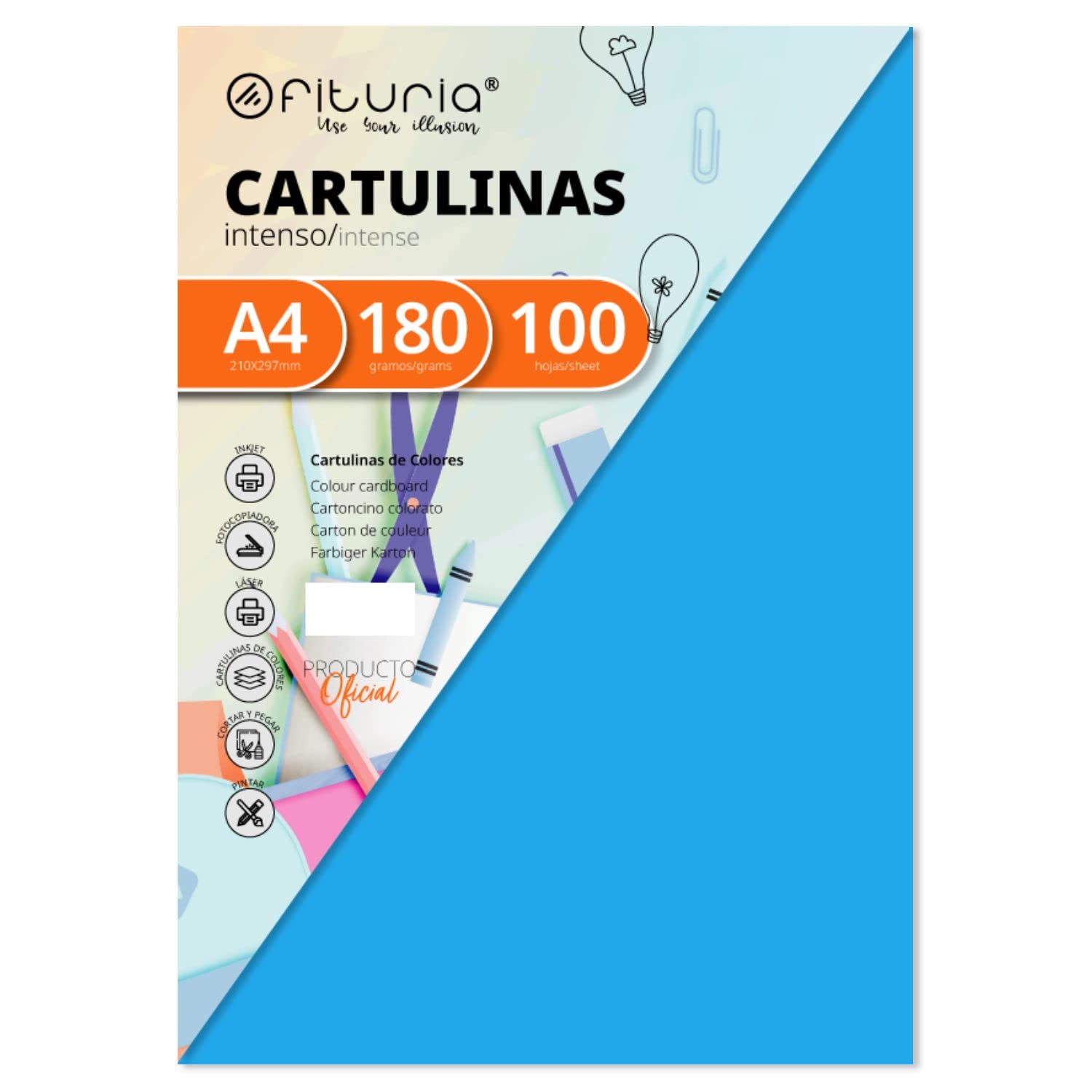 Pack of 100 Cartulinas Colour Azul Turquesa Tamaño A4 180 g