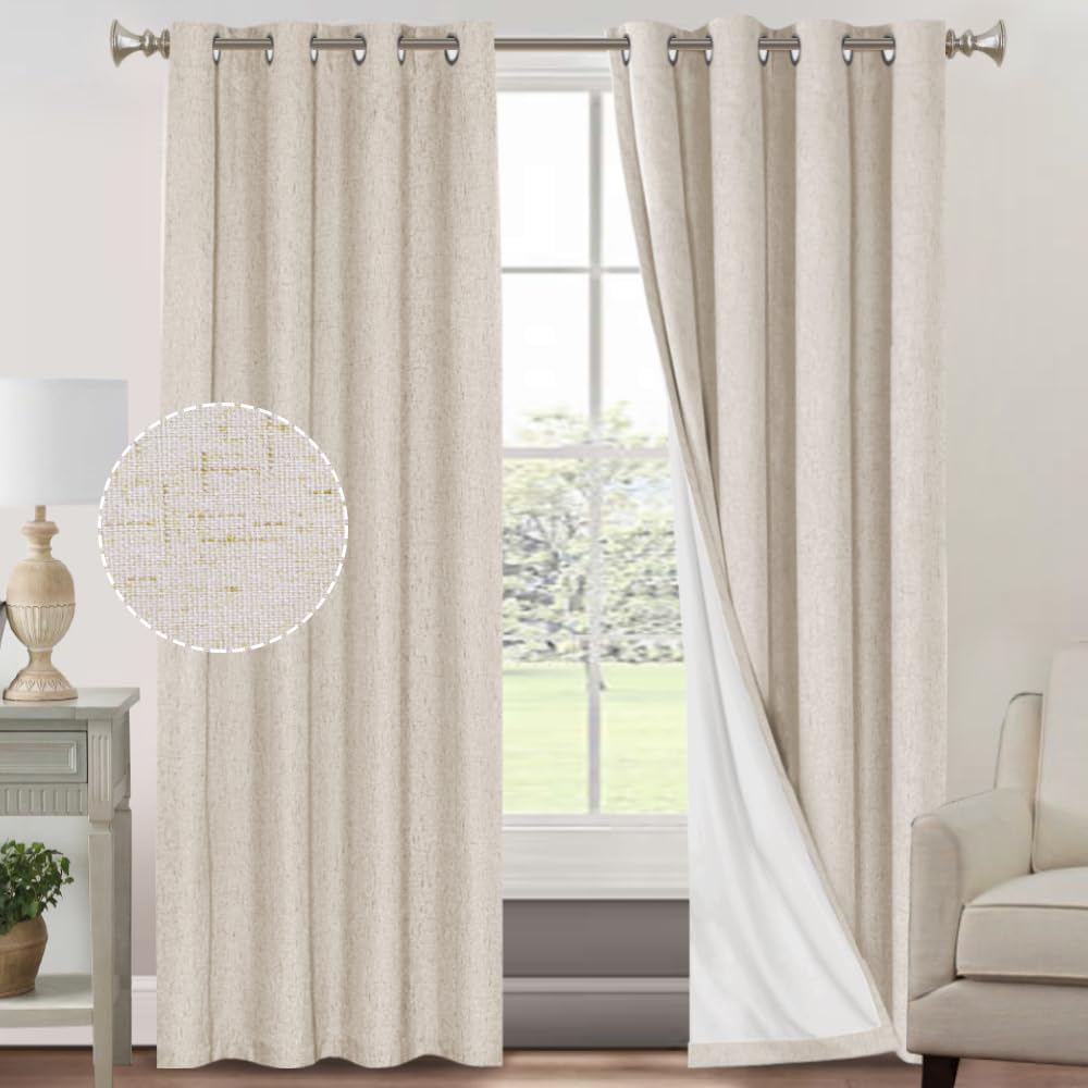 Window Treatments - Primitive Textured Linen 100% Blackout Curtains for Bedroom/Living Room Energy Saving Window Treatment Curtain Drapes, Burlap Fabric with White Thermal Insulated Liner (2 Panels, 52 x 84 in, Natural)