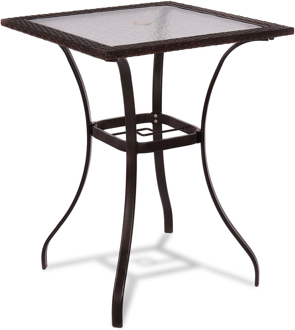TANGKULA Patio Table Outdoor Garden Balcony Poolside Lawn Glass Top Steel Frame All Weather Dining Bistro Table (Mix Brown Square 28.5"): Kitchen & Dining