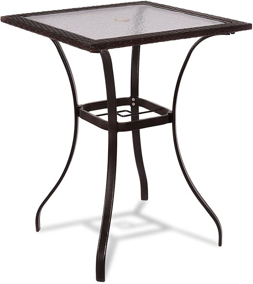 Amazon Com Tangkula Patio Table Outdoor Garden Balcony Poolside Lawn Glass Top Steel Frame All Weather Dining Bistro Table Mix Brown Square 28 5 Kitchen Dining