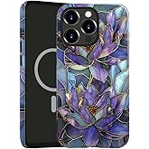 TnXee Case Compatible with iPhone 16 Pro Max,Compatible with MagSafe,Glossy Fall Prevention Hybrid 2-Layer Hard Shell Cases for Girls Boys,Purple Lotus Floral