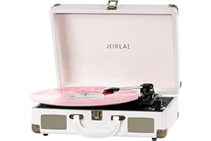 JORLAI Record Player 3 Speeds Turntable with Bluetooth Built-in Battery Stereo Speakers Vintage Record Player Belt Driven Portable Suitcase PC Recording White