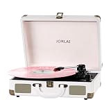 JORLAI Record Player 3 Speeds Turntable with Bluetooth Built-in Battery Stereo Speakers Vintage Record Player Belt Driven Portable Suitcase PC Recording White