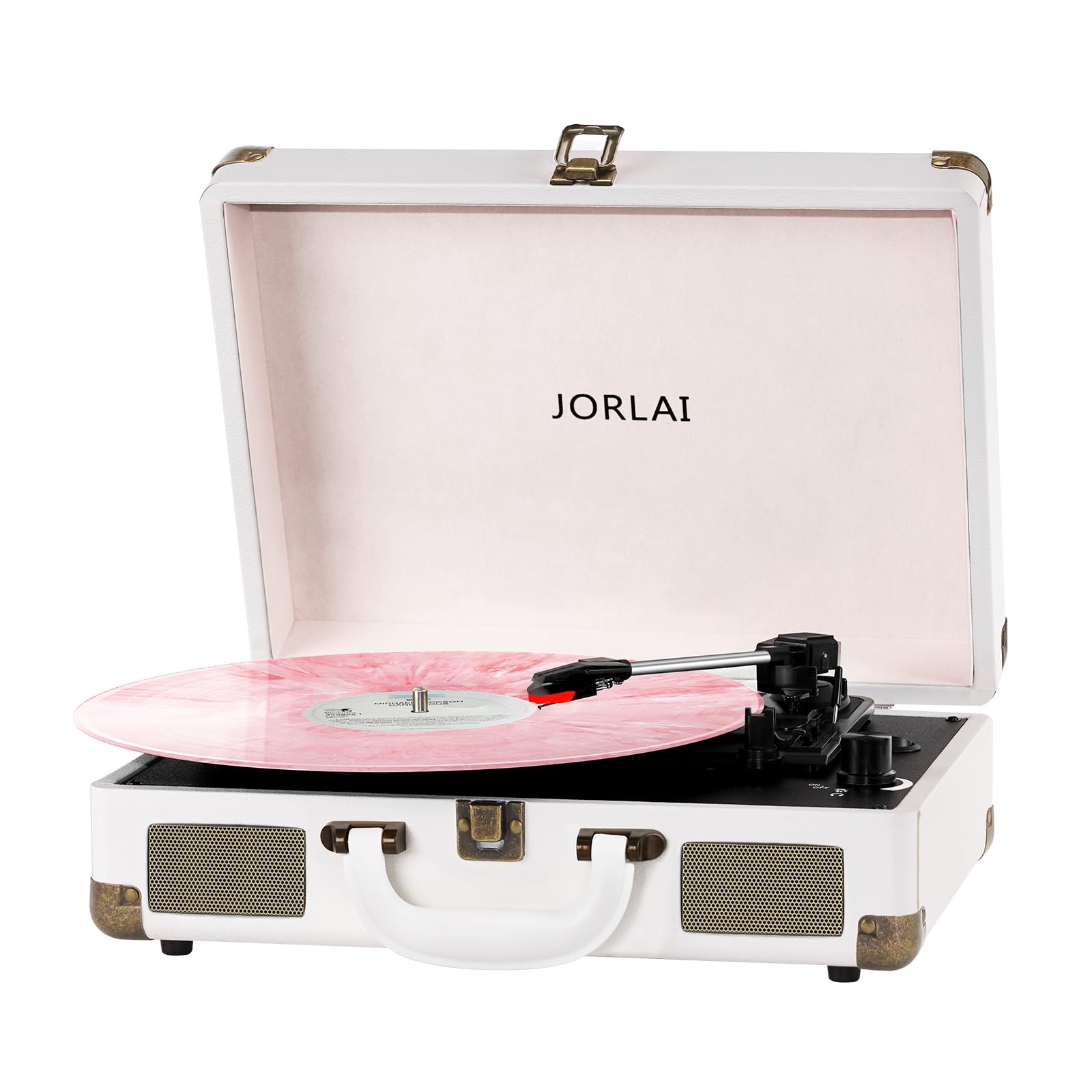 Photo 1 of JORLAI Record Player 3 Speeds Turntable with Bluetooth Built-in Battery Stereo Speakers Vintage Record Player Belt Driven Portable Suitcase PC Recording White