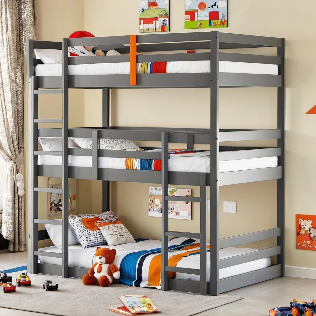 Photo 1 of (Only Box 2 of 2).......PVWIIK Triple Bunk Bed with Ladders and Guardrails for Boy,Girl Bedroom,Space Saving Bed Frame,Detachable Design,Twin Over Twin Over Twin Rubber Wood Bedstead,Grey
