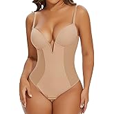 SHAPERIN Women's Deep V Neck Backless Body Shaper Bra Faja Plunge Low Back Thong Shapewear Tummy Control Bodysuit