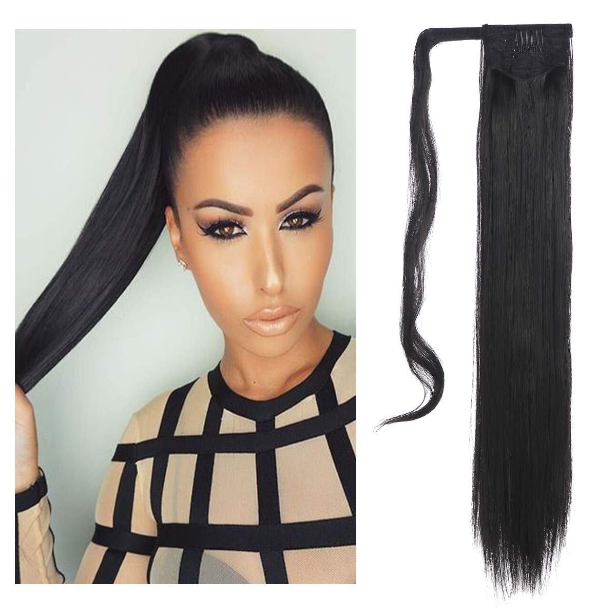 SARLA Straight Long Ponytail Hair Extension Clip in Wrap Around Synthetic Black Fake Pony Tail Hairpiecs Hair Piece For Women Heat-Resisting Fiber 24" 4.3oz P001&1B