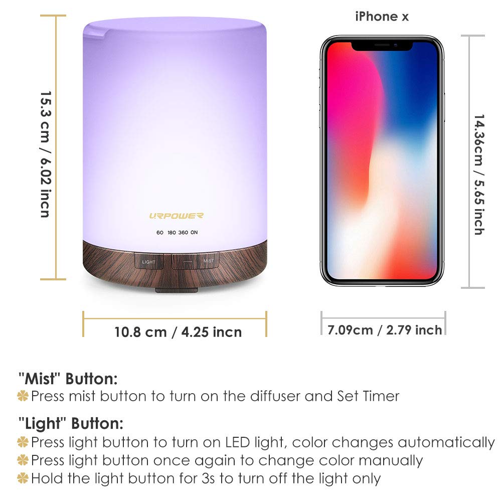 Amazon Com Urpower 2nd Gen 300ml Aroma Essential Oil Diffuser Night Light Ultrasonic Air Cool Mist Humidifier With Auto Shut Off And 6 7 Hours Continuous Diffusing And 4 Timer Settings For Home Office